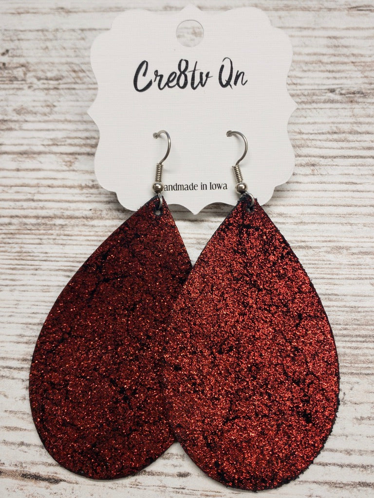 Red Vintage Crackle Leather Earring