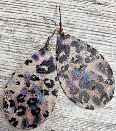 Distressed Pastel Leopard Leather Earring on Cork