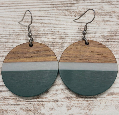 Green and Striped Wood & Resin Circle Earring