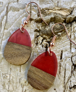 Resin & Wood Small Teardrop Earring in Red