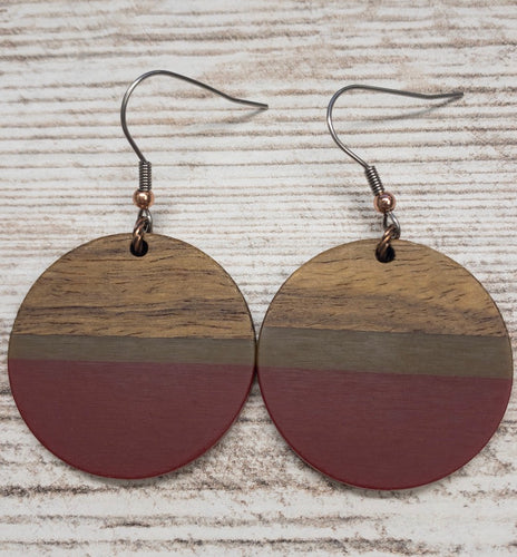 Red and Striped Wood & Resin Circle Earring