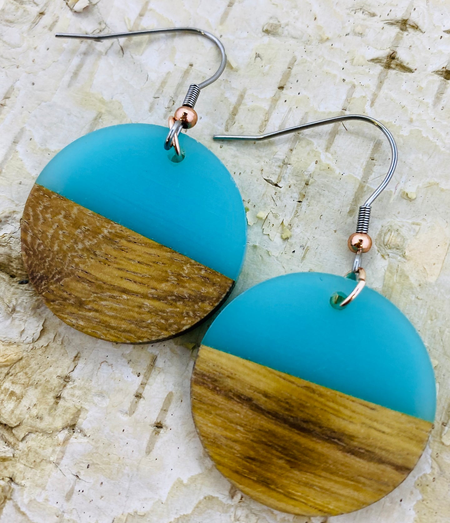 Resin & Wood Circle Earring in Blue