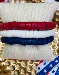 Red White and Blue Clay stretch stacker bracelet set