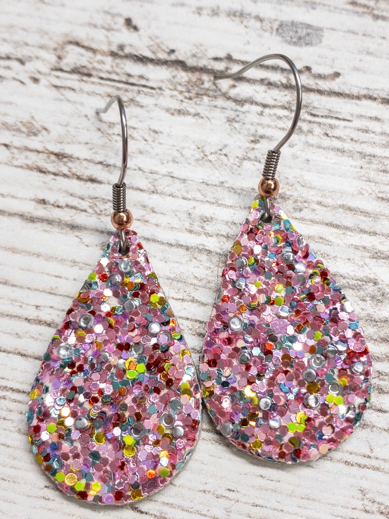 Pink Glitter Leather Earring