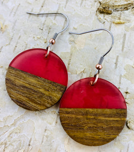 Resin & Wood Circle Earring in Red