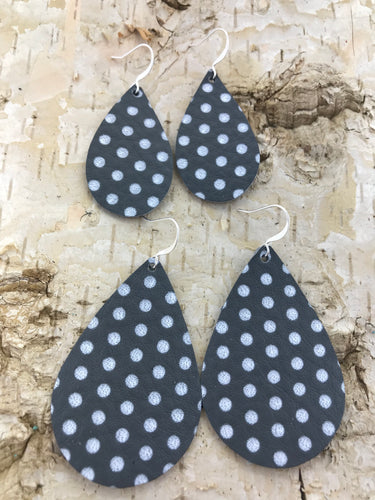 Grey & White Polka Dot Leather Earring