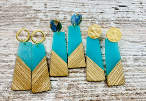Large Turquoise Trapezoid Wood & Resin Earring