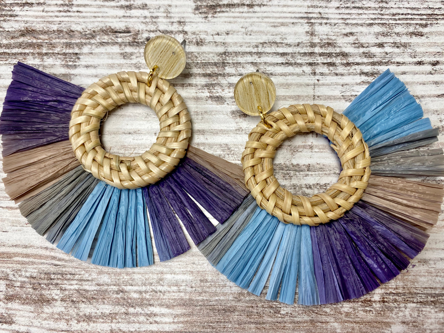 Blue Rattan & Raffia Tassel Earring