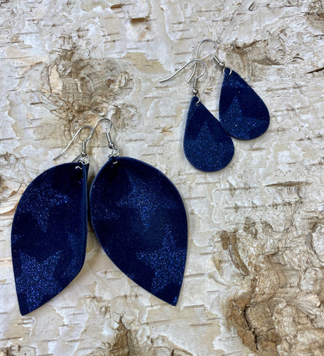 Navy Blue Suede Metallic Star Leather Earring