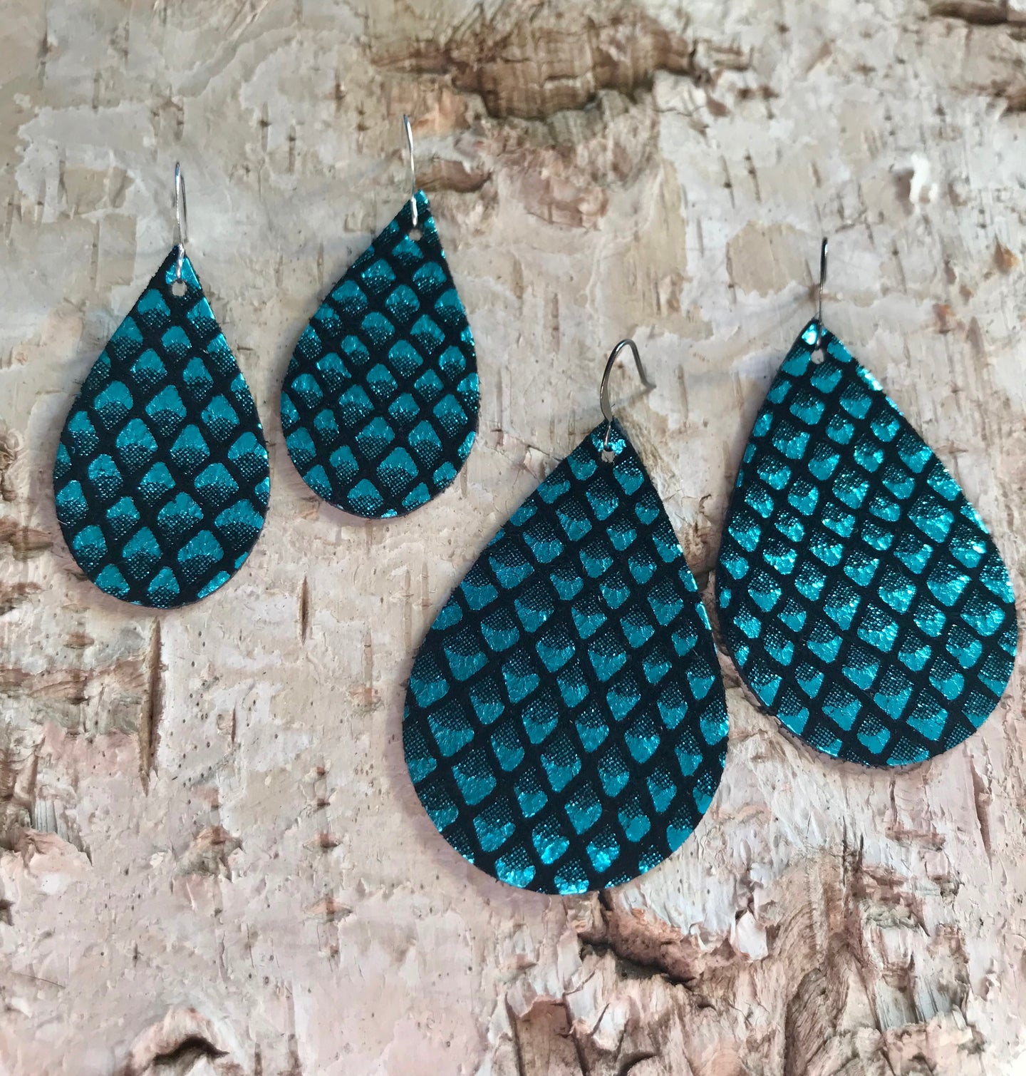 Teal Fish Scale Leather Earring