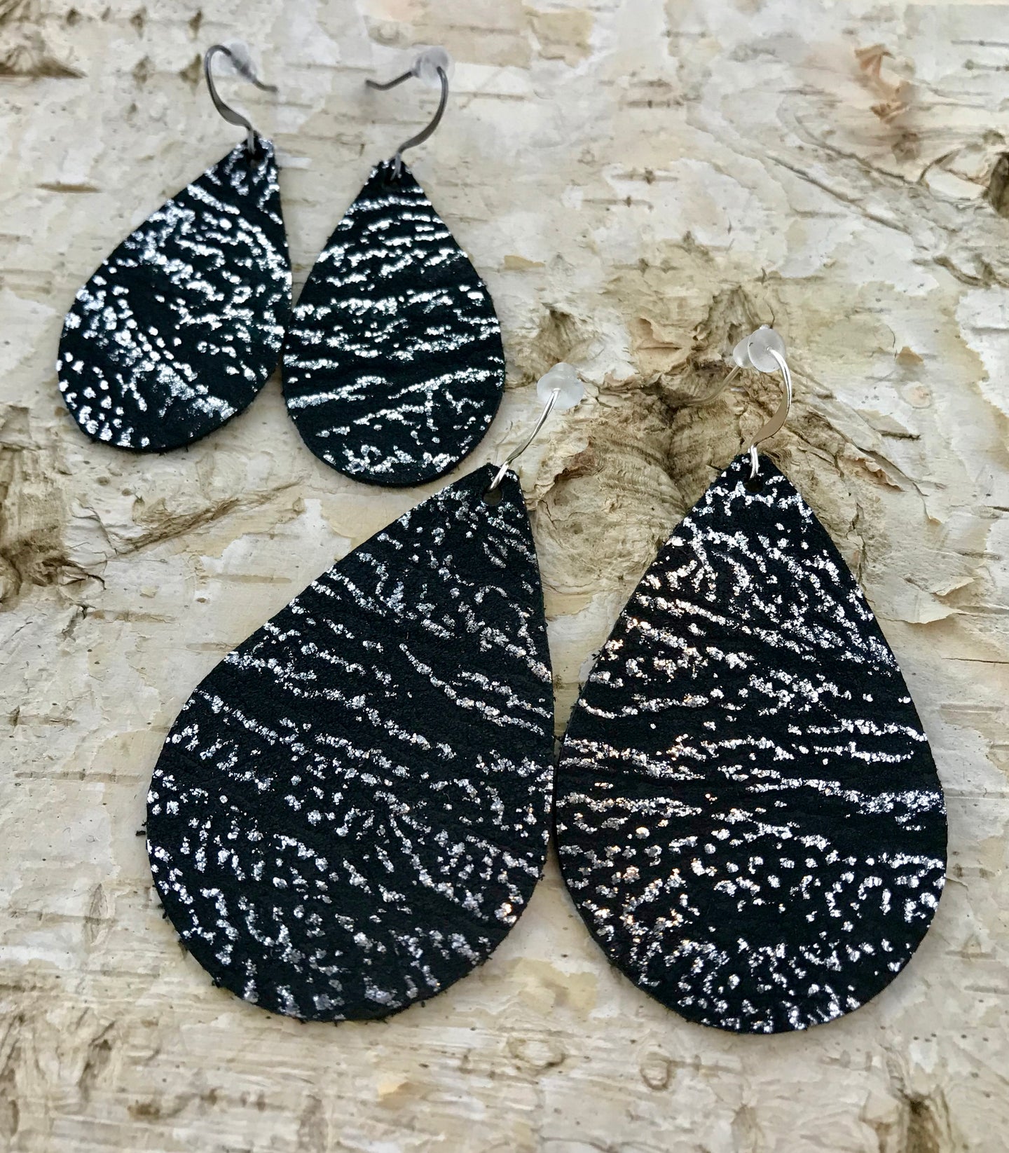 Black & Silver Distressed Leather Earring