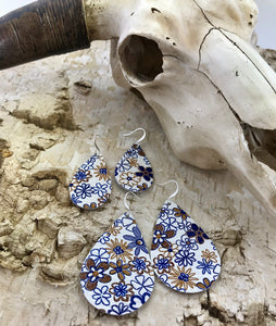 Denim & Khaki Floral Print Leather Earring