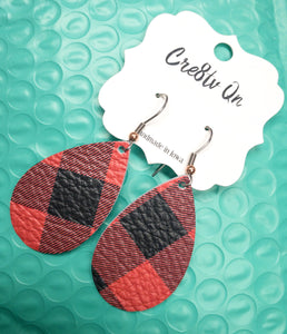 Red & Black Plaid Leather Earring